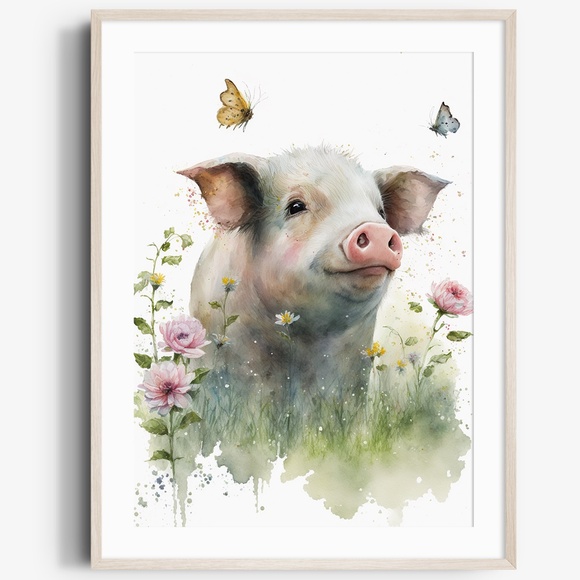Watercolor Cute Floral Farm Pig Wall Art Illustration Print Poster Unframed - Picture 1 of 7